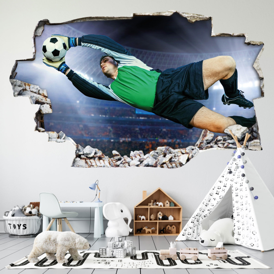 Stickers Trompe l'oeil trou dans le mur - Gardien de Football