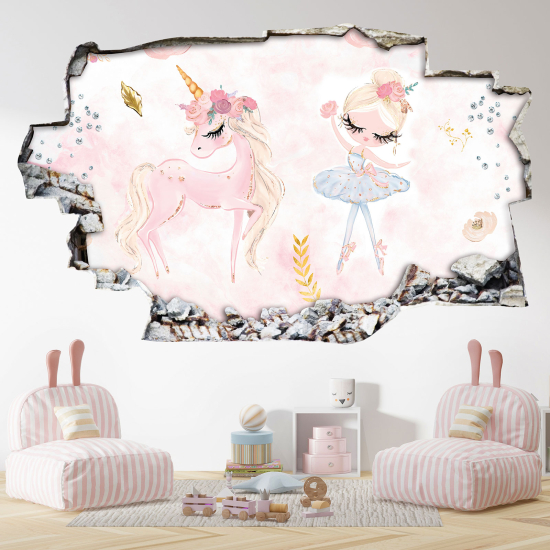 Stickers Trompe l'oeil trou dans le mur - Princesse Licorne