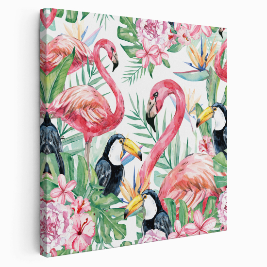 Tableau toile Carré - Flamants roses et toucans