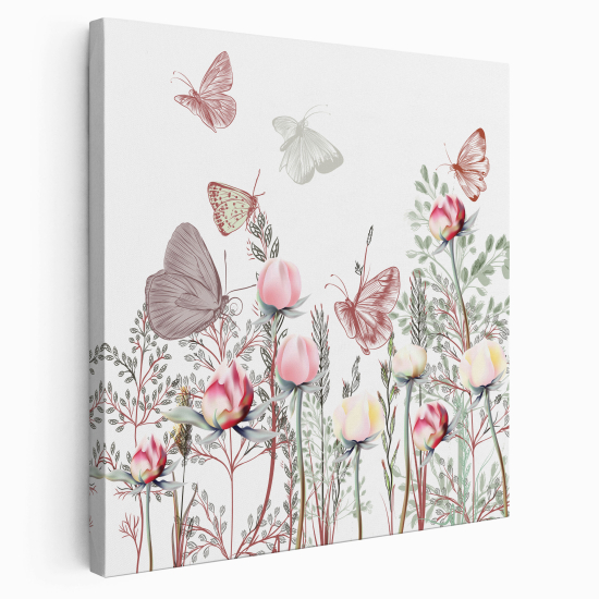 Tableau toile Carré - Fleurs papillons