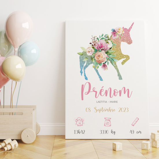 Tableau toile de naissance - Licorne Paillettes