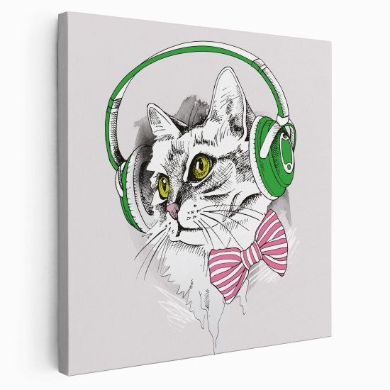 Tableau toile Enfants Carré - Chat casque musique