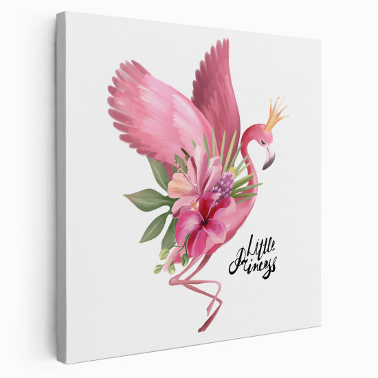 Tableau toile Enfants Carré - Flamant Rose Fleurs