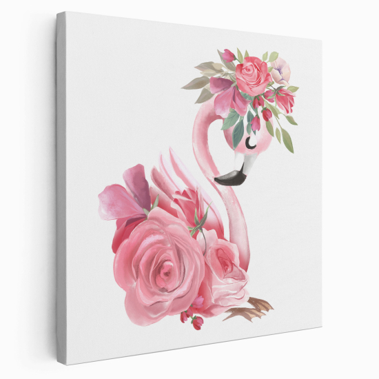 Tableau toile Enfants Carré - Flamant Rose Fleurs