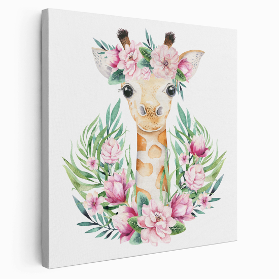 Tableau toile Enfants Carré - Girafe Fleurs