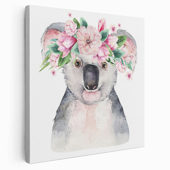 Tableau toile Enfants Carré - Koala Fleurs