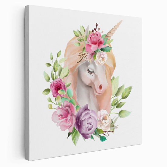 Tableau toile Enfants Carré - Licorne Fleurs