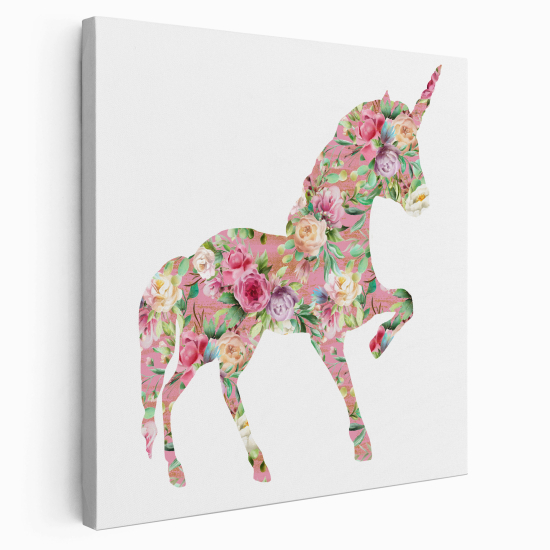 Tableau toile Enfants Carré - Licorne Fleurs