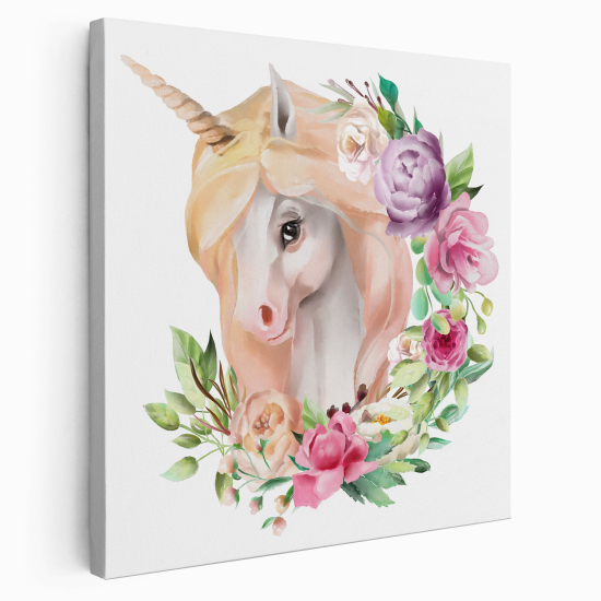 Tableau toile Enfants Carré - Licorne Fleurs