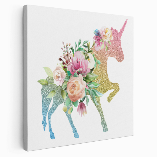 Tableau toile Enfants Carré - Licorne Fleurs