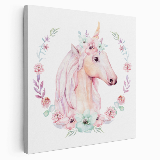 Tableau toile Enfants Carré - Licorne Fleurs