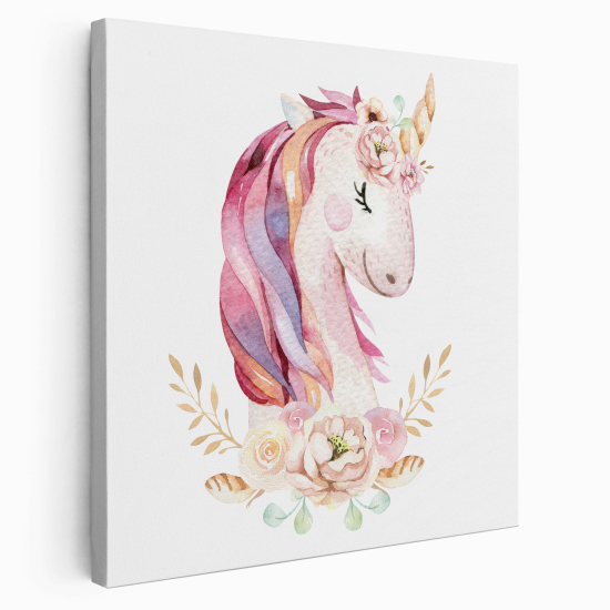 Tableau toile Enfants Carré - Licorne Fleurs