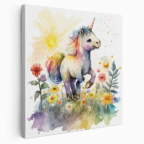 Tableau toile Enfants Carré - Licorne Fleurs