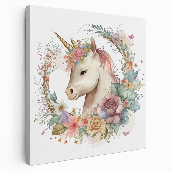 Tableau toile Enfants Carré - Licorne Fleurs