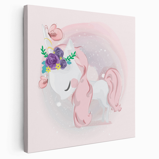 Tableau toile Enfants Carré - Licorne Fleurs