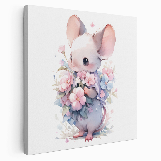 Tableau toile Enfants Carré - Souris Fleurs