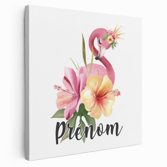 Tableau toile enfants personnalisée avec prénom - Flamant Rose Fleurs