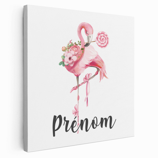 Tableau toile enfants personnalisée avec prénom - Flamant Rose Sucette