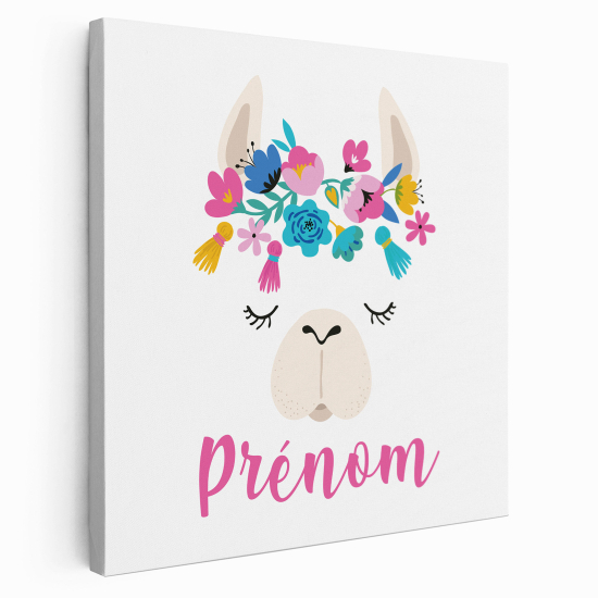 Tableau toile enfants personnalisée avec prénom - Lama fleurs