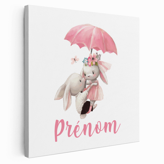 Tableau toile enfants personnalisée avec prénom - Lapins Parapluie