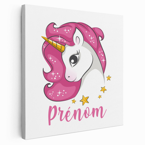 Tableau toile enfants personnalisée avec prénom - Licorne rose étoiles