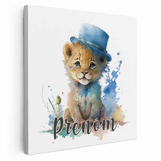 Tableau toile enfants personnalisée avec prénom - Lionceau chapeau