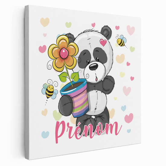 Tableau toile enfants personnalisée avec prénom - Panda avec pot de fleur