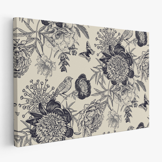 Tableau toile - Fleurs Oiseaux papillons