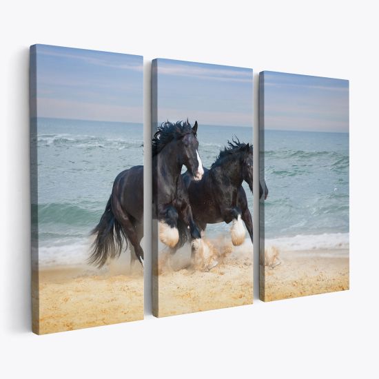 Tableau triptyque sur toile - Chevaux sur la plage