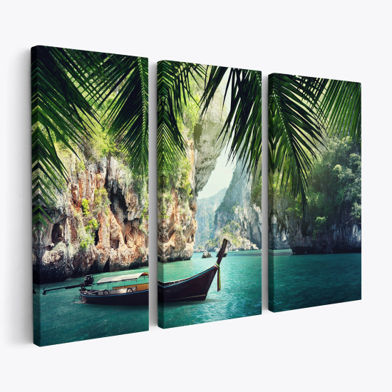 Tableau triptyque sur toile - Paradisiaque Bateau de plage Thaïlande