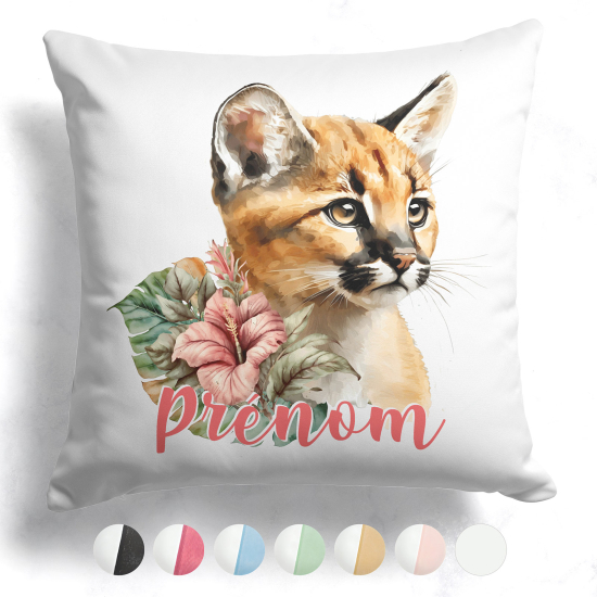 Coussin bicolore personnalisé - Chat fleurs