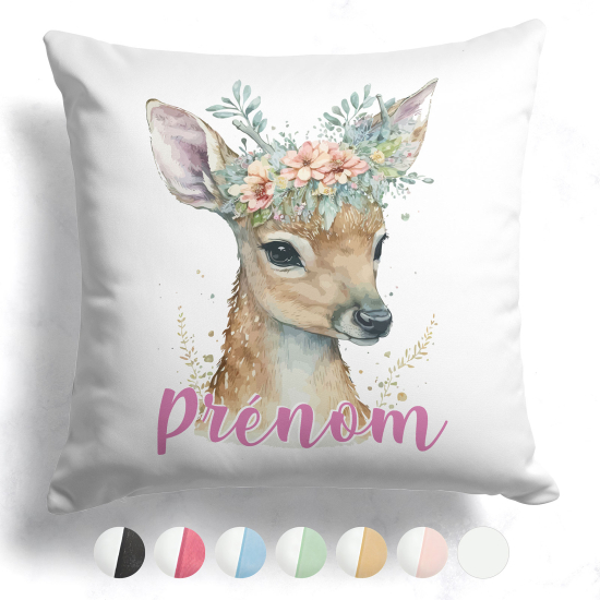 Coussin bicolore personnalisé - Faon fleurs