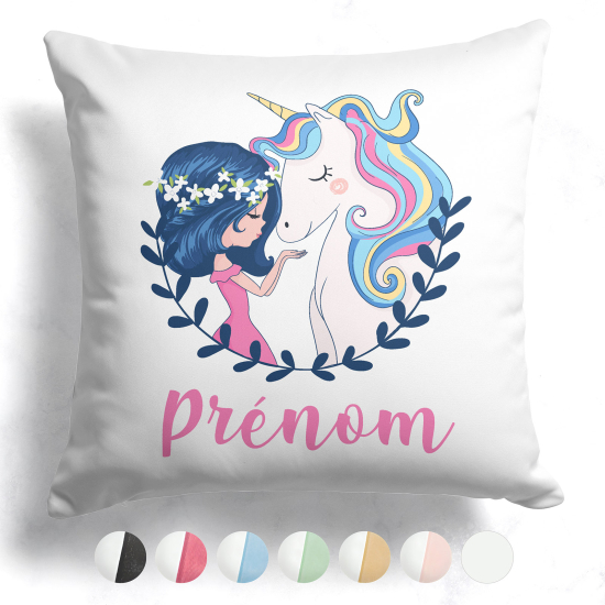 Coussin bicolore personnalisé - Fille et Licorne