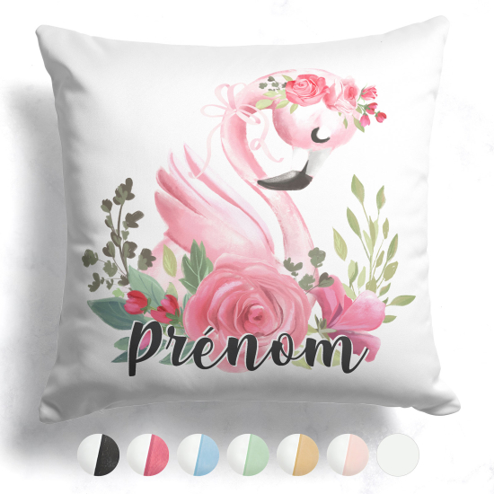 Coussin bicolore personnalisé - Flamant rose fleurs