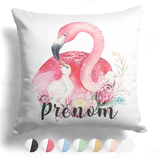 Coussin bicolore personnalisé - Flamant rose fleurs