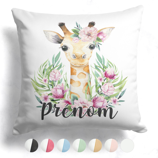 Coussin bicolore personnalisé - Girafe fleurs