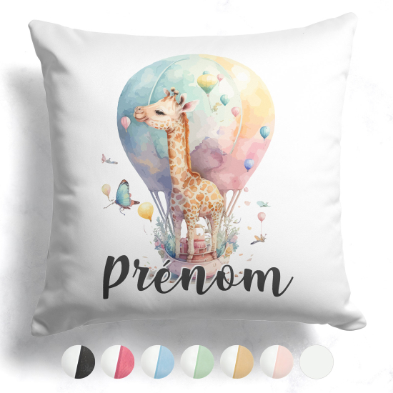 Coussin bicolore personnalisé - Girafe montgolfière