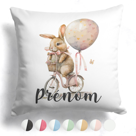 Coussin bicolore personnalisé - Lapin en vélo