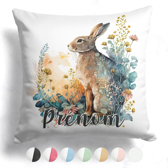 Coussin bicolore personnalisé - Lapin fleurs