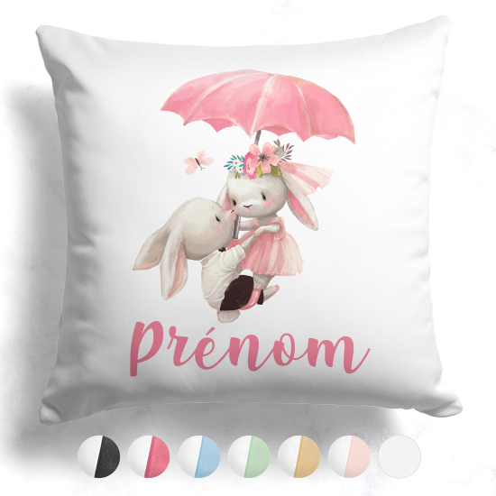 Coussin bicolore personnalisé - Lapins parapluie