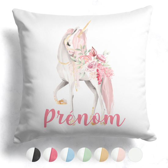 Coussin bicolore personnalisé - Licorne fleurs