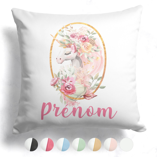 Coussin bicolore personnalisé - Licorne fleurs