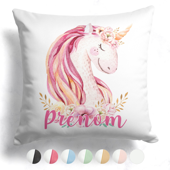 Coussin bicolore personnalisé - Licorne fleurs