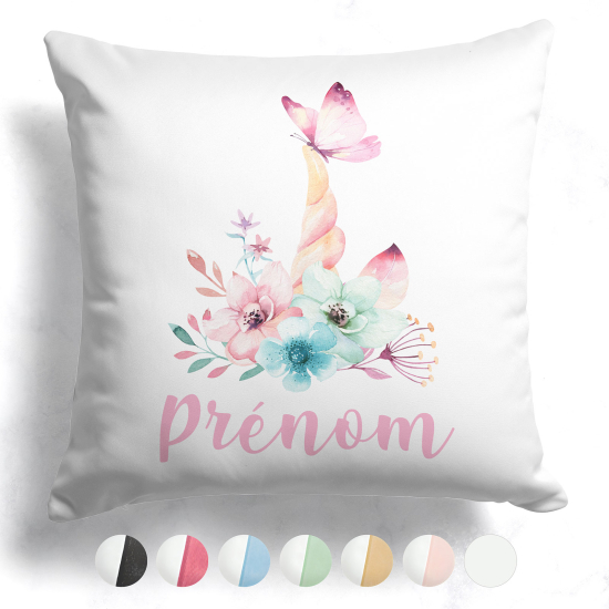 Coussin bicolore personnalisé - Licorne fleurs