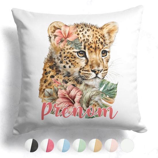 Coussin bicolore personnalisé - Lionceau fleurs