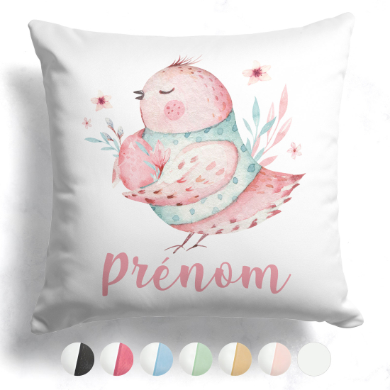 Coussin bicolore personnalisé - Oiseau fleurs