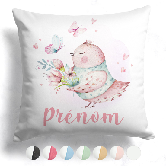 Coussin bicolore personnalisé - Oiseau fleurs