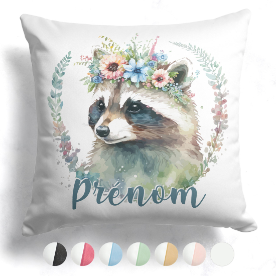 Coussin bicolore personnalisé - Raton laveur fleurs