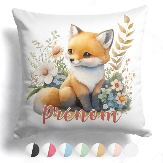 Coussin bicolore personnalisé - Renard fleurs