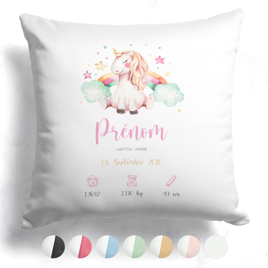 Coussin de naissance - Licorne arc-en-ciel